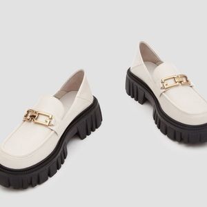 Latttelier vegan leather chunky healed loafers with chain.